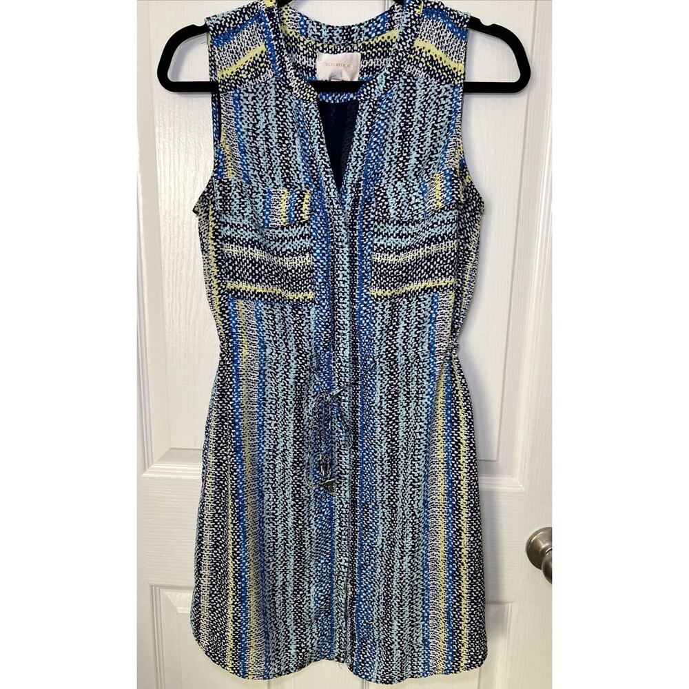 Skies Are Blue Sleeveless Dress Small Buttons Multicolor Pockets Cinch Tie Waist